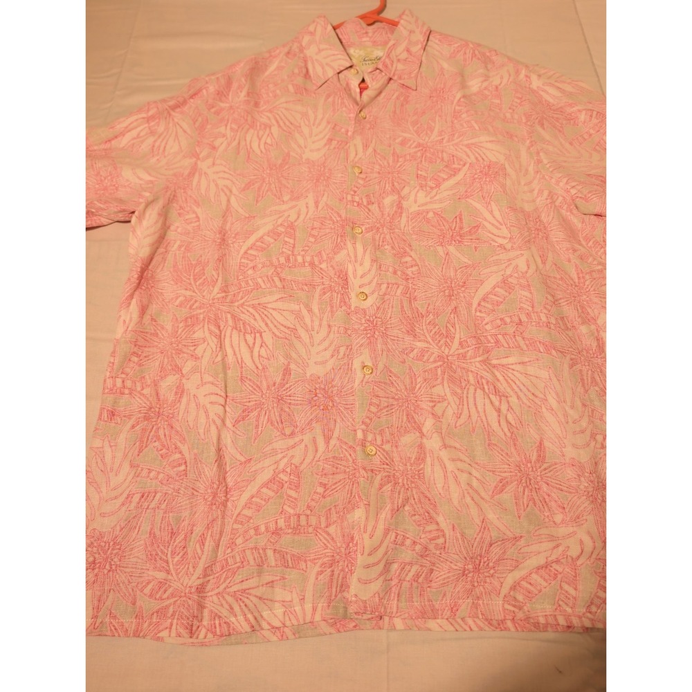 Tasso Elba Island Mens Large Pink Tropical Silk Linen Short Sleeve Button Shirt